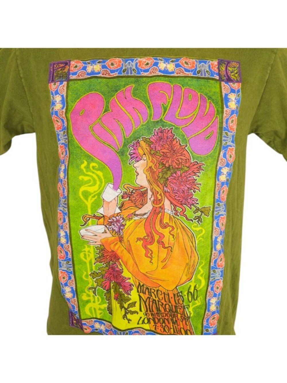 Pink Floyd T Shirt Mens Size Small Green Art Nouveau Poster Art 1966 London WI